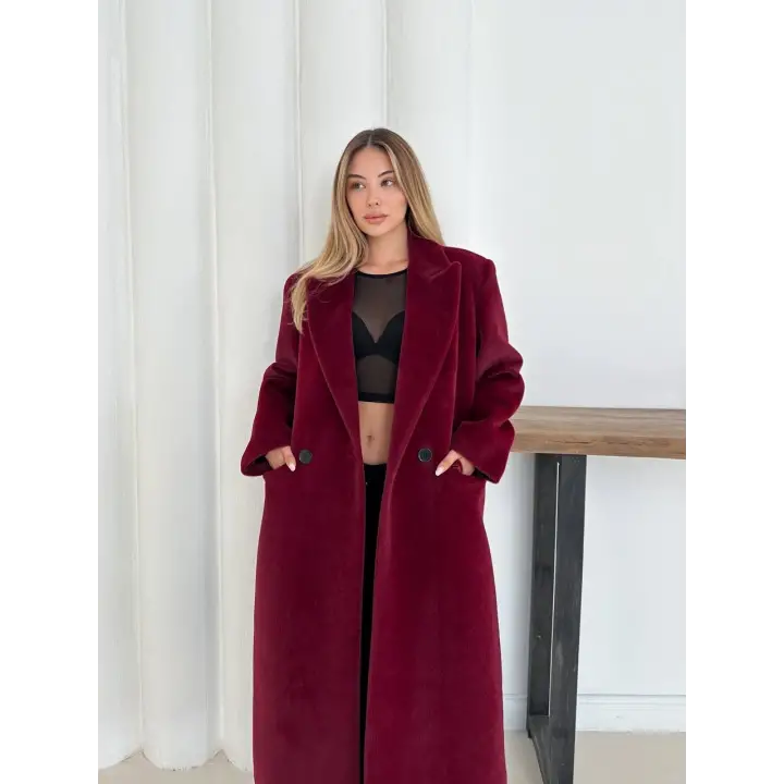 Yumuşak Kaşmir Dokulu Maskülen Maxi Kaban Bordo