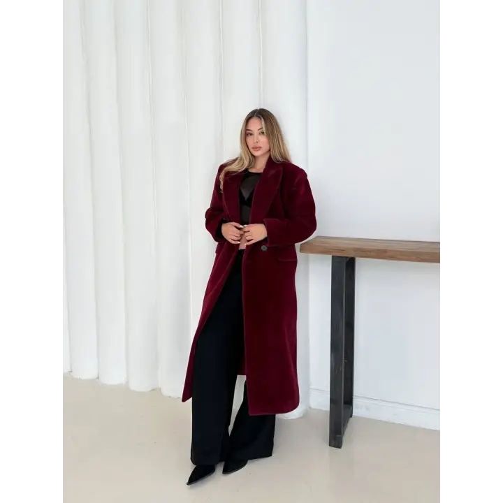 Yumuşak Kaşmir Dokulu Maskülen Maxi Kaban Bordo