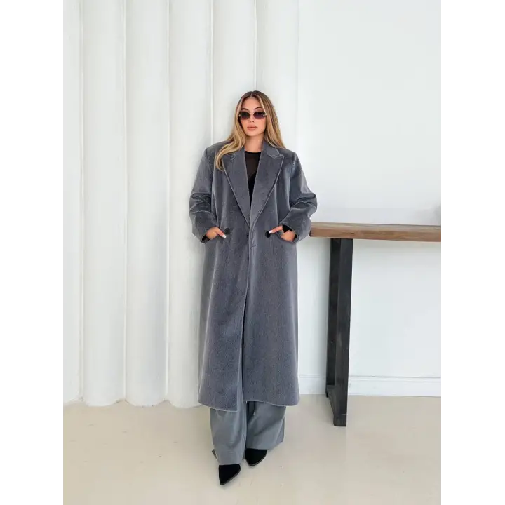 Yumuşak Kaşmir Dokulu Maskülen Maxi Kaban Gri