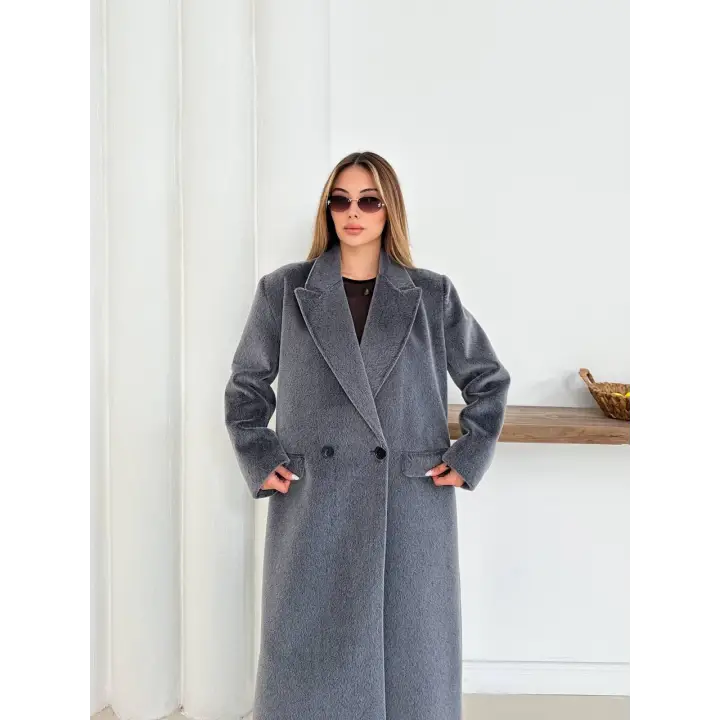 Yumuşak Kaşmir Dokulu Maskülen Maxi Kaban Gri