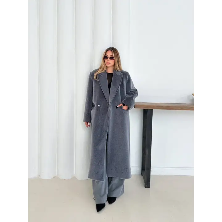 Yumuşak Kaşmir Dokulu Maskülen Maxi Kaban Gri