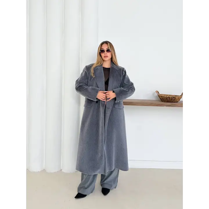 Yumuşak Kaşmir Dokulu Maskülen Maxi Kaban Gri
