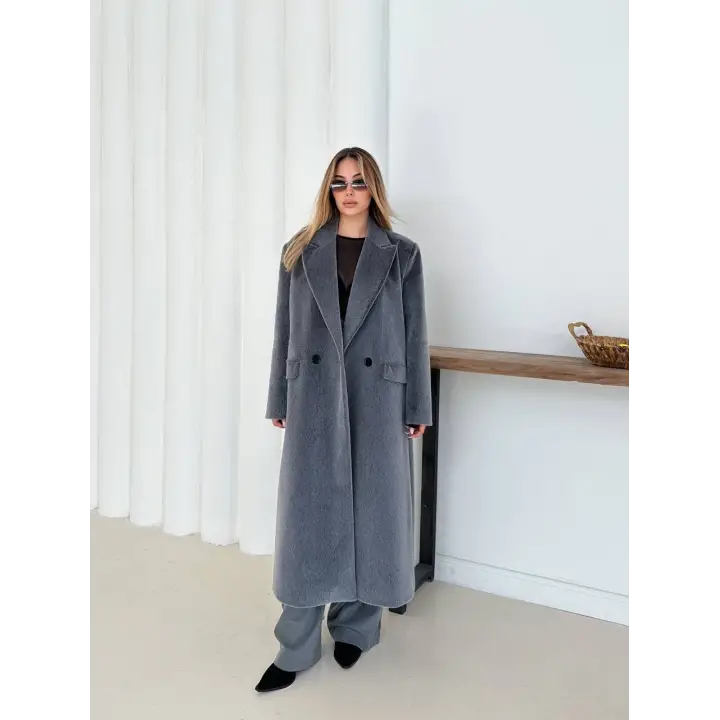 Yumuşak Kaşmir Dokulu Maskülen Maxi Kaban Gri