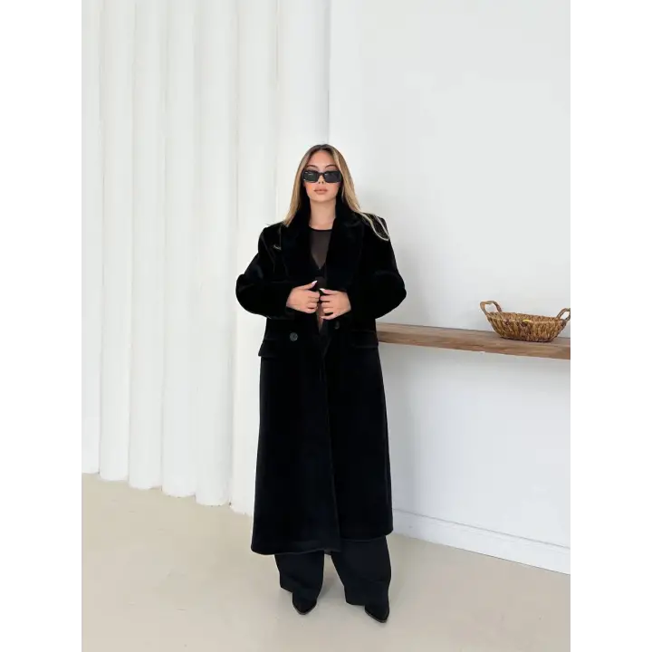 Yumuşak Kaşmir Dokulu Maskülen Maxi Kaban Siyah