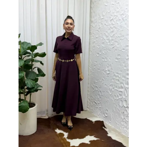 Belden Bağlamalı Kısa Kollu Gömlek Yaka Maksi Boy Elbise - Bordo