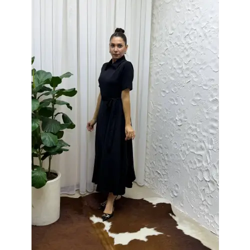 Belden Bağlamalı Kısa Kollu Gömlek Yaka Maksi Boy Elbise - Lacivert