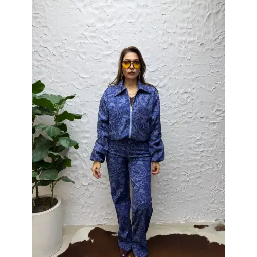 Retro Kesim Fermuarlı Desenli Ceket & Palazzo Pantolon Set