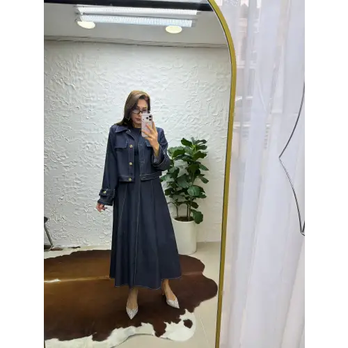 Kontrast Dikişli Kısa Denim Ceket ve Yüksek Bel Kloş Jean Ete Takım