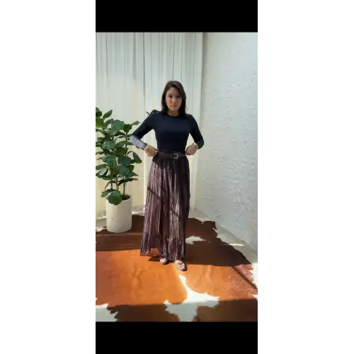 Siyah Kemerli Pileli Uzun Etek | Astarlı Rahat Kesim