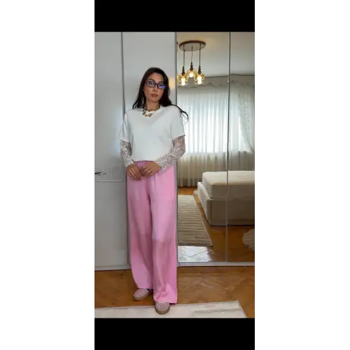 Dantel Kol Detaylı Oversize Tişört