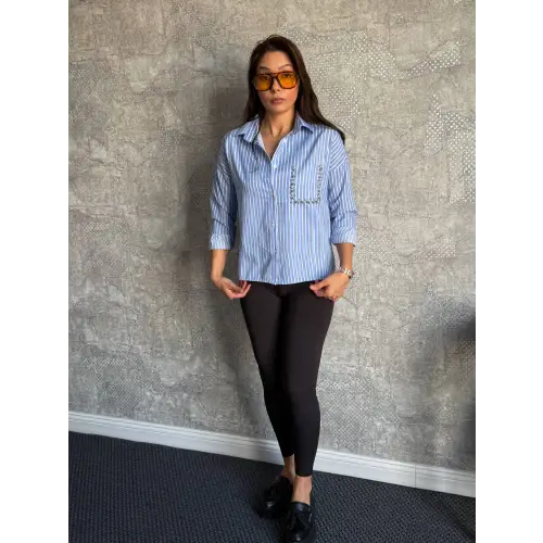 Mavi Cebi Taşlı Çizgili Gömlek