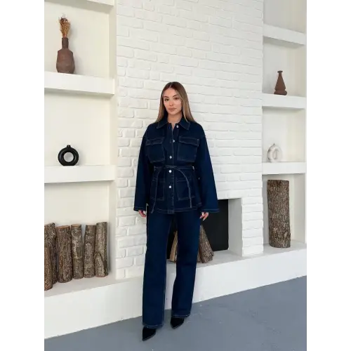 Bağlamalı Lacivert Ceket Pantolon Kot Takım