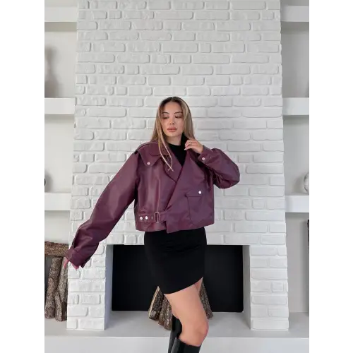 Bordo Cep Detaylı Asimetrik Deri Ceket