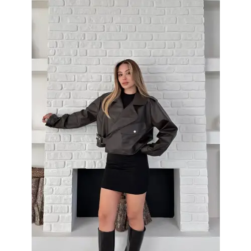 Kahverengi Cep Detaylı Asimetrik Deri Ceket