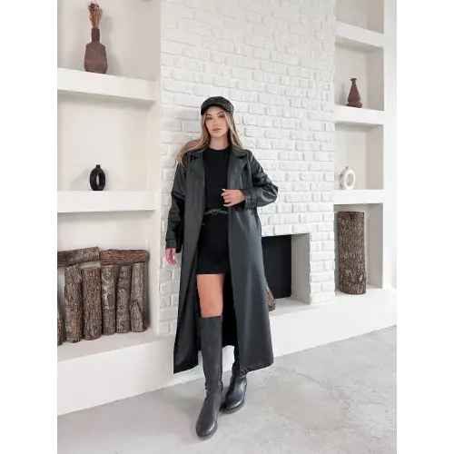 Kemerli Astarlı Uzun Deri Kaban Siyah