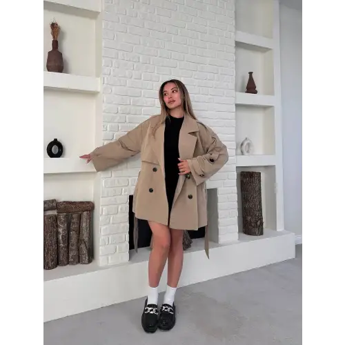 Kısa Rüzgarlık Kuşaklı Kruvaze Trençkot Bej