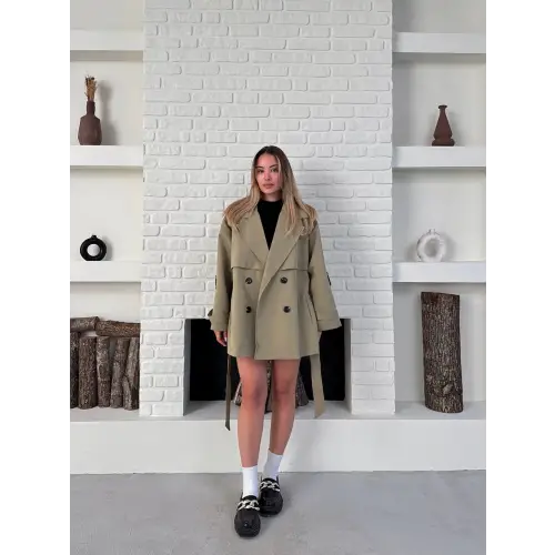 Kısa Rüzgarlık Kuşaklı Kruvaze Trençkot Haki