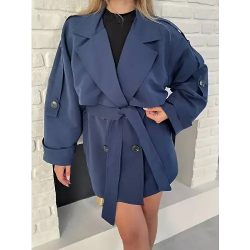 Kısa Rüzgarlık Kuşaklı Kruvaze Trençkot Lacivert