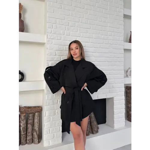 Kısa Rüzgarlık Kuşaklı Kruvaze Trençkot Siyah