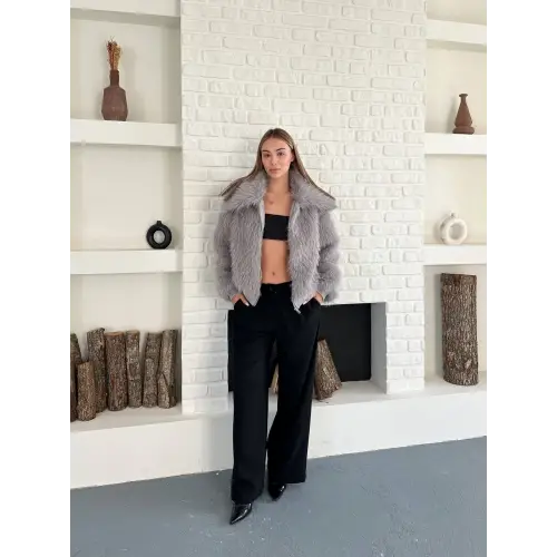 Kol Ribanalı Fermuarlı Kürk Gri