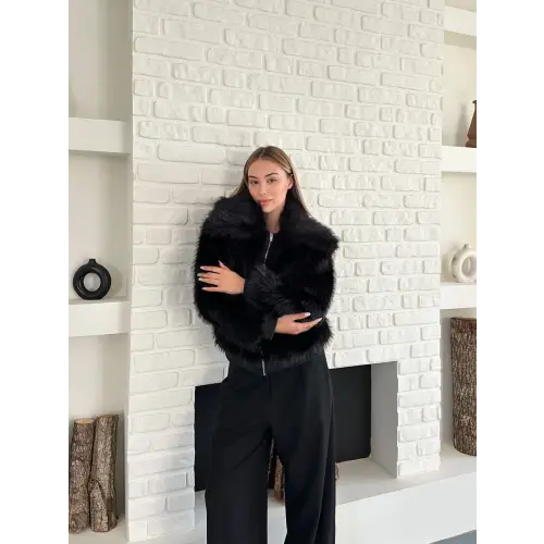 Kol Ribanalı Fermuarlı Kürk Siyah