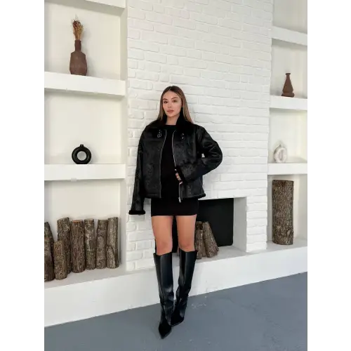 Retro Desen Tay Tüy Peluş Mont Ceket Full Siyah