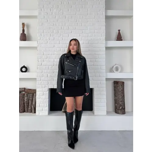 Suni Deri Pilot Motosiklet Stili Ceket Siyah