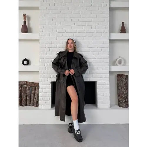 Suni Deri Uzun Kuşaklı Trenç Kahverengi