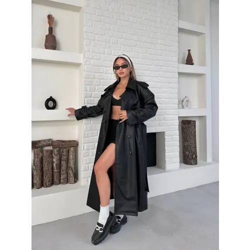 Suni Deri Uzun Kuşaklı Trenç Siyah