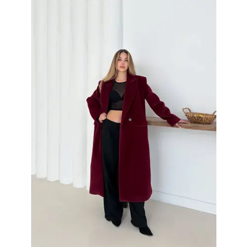 Yumuşak Kaşmir Dokulu Maskülen Maxi Kaban Bordo