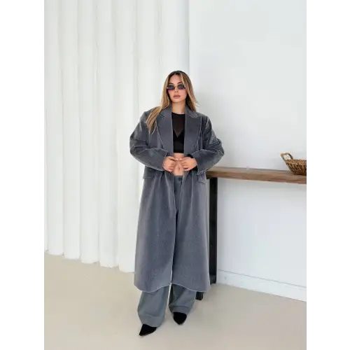 Yumuşak Kaşmir Dokulu Maskülen Maxi Kaban Gri