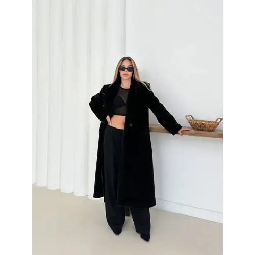 Yumuşak Kaşmir Dokulu Maskülen Maxi Kaban Siyah