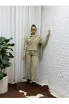 Bej Dökümlü Kumaş Asimetrik Ceket Gömlek & Palazzo Pantolon Set