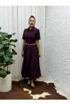 Belden Bağlamalı Kısa Kollu Gömlek Yaka Maksi Boy Elbise - Bordo
