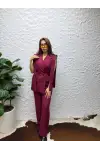 Pelerin Detaylı Kuşaklı Blazer Yelek ve Yüksek Bel Pantolon Takım