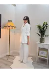 Beyaz Pens Detaylı Blazer Ceket ve Geniş Paça Takım
