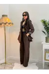 Kahverengi Pens Detaylı Blazer Ceket ve Geniş Paça Takım