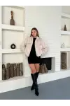Dik Yaka Kısa Astarlı Peluş Ceket Bej