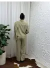 Bej Dökümlü Kumaş Asimetrik Ceket Gömlek & Palazzo Pantolon Set