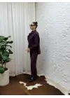 Bordo Dökümlü Kumaş Asimetrik Ceket Gömlek & Palazzo Pantolon Set