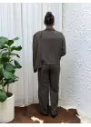 Kahve Dökümlü Kumaş Asimetrik Ceket Gömlek & Palazzo Pantolon Set