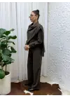 Kahve Dökümlü Kumaş Asimetrik Ceket Gömlek & Palazzo Pantolon Set