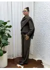 Kahve Dökümlü Kumaş Asimetrik Ceket Gömlek & Palazzo Pantolon Set