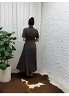 Belden Bağlamalı Kısa Kollu Gömlek Yaka Maksi Boy Elbise - Kahverengi