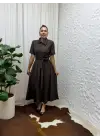 Belden Bağlamalı Kısa Kollu Gömlek Yaka Maksi Boy Elbise - Kahverengi
