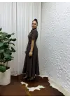 Belden Bağlamalı Kısa Kollu Gömlek Yaka Maksi Boy Elbise - Kahverengi
