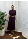 Belden Bağlamalı Kısa Kollu Gömlek Yaka Maksi Boy Elbise - Bordo