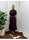 Belden Bağlamalı Kısa Kollu Gömlek Yaka Maksi Boy Elbise - Bordo