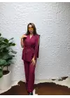 Pelerin Detaylı Kuşaklı Blazer Yelek ve Yüksek Bel Pantolon Takım