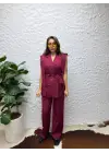 Pelerin Detaylı Kuşaklı Blazer Yelek ve Yüksek Bel Pantolon Takım